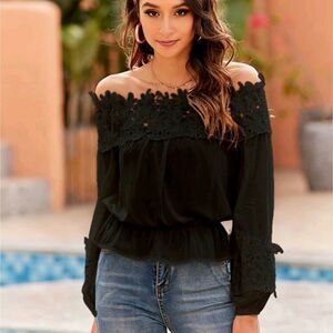 Lace Trim Off Shoulder Peplum Top